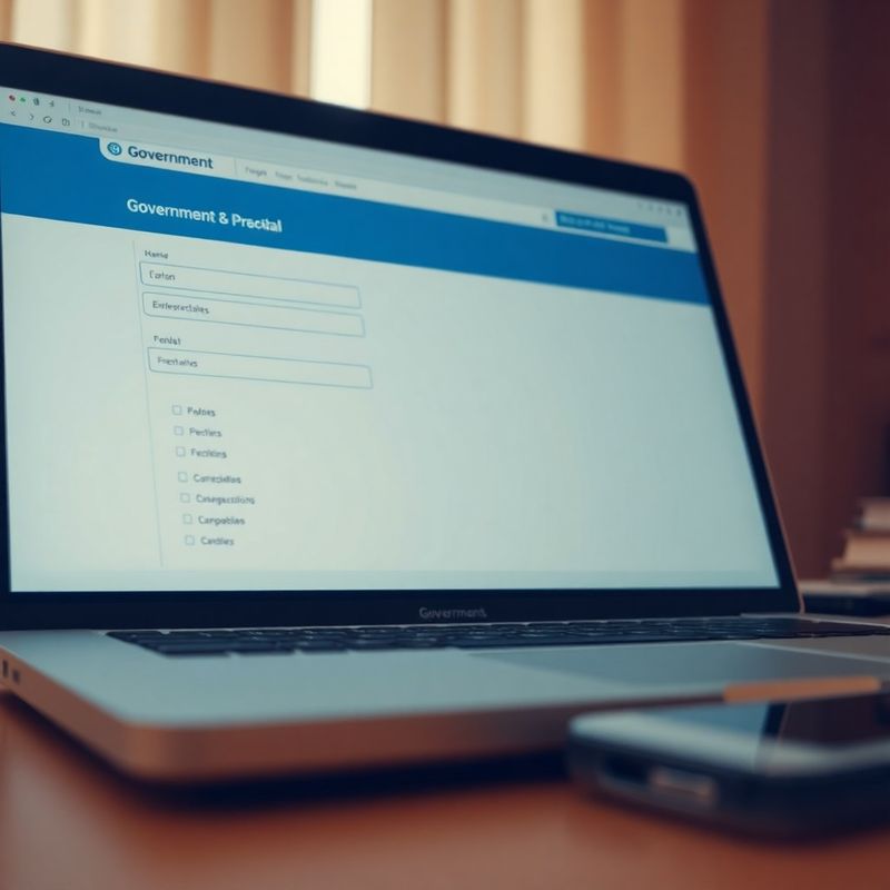 Ecran de laptop cu un portal guvernamental și formulare birocratice
