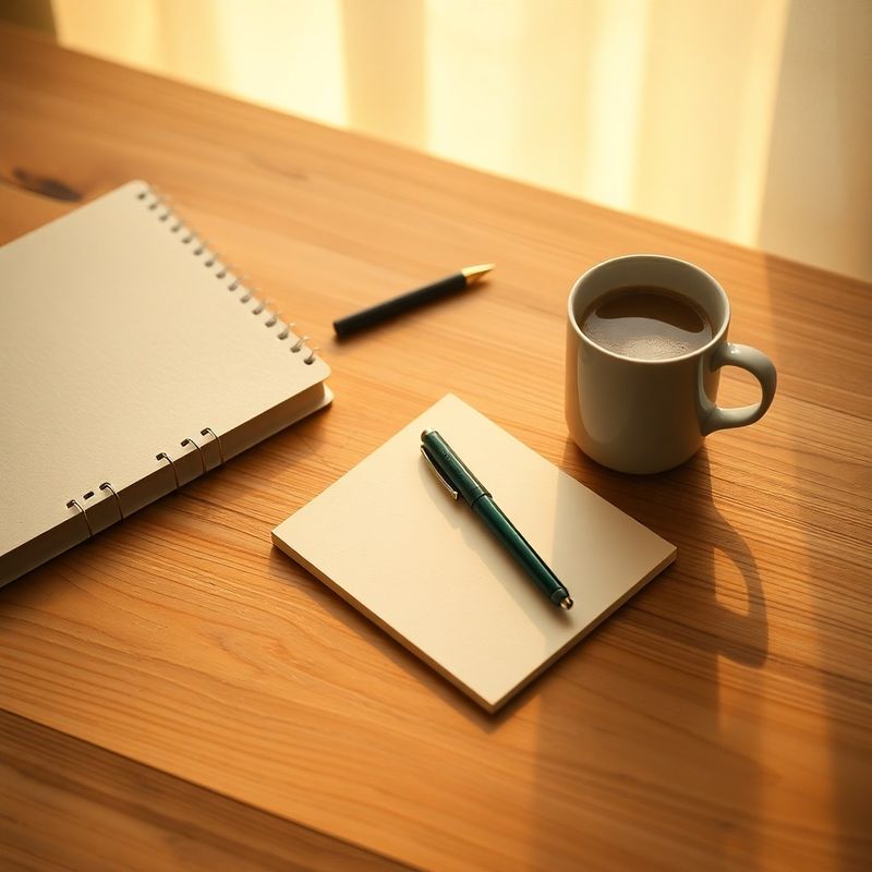 Birou minimalist cu un caiet crem, un pix verde și o ceașcă de cafea